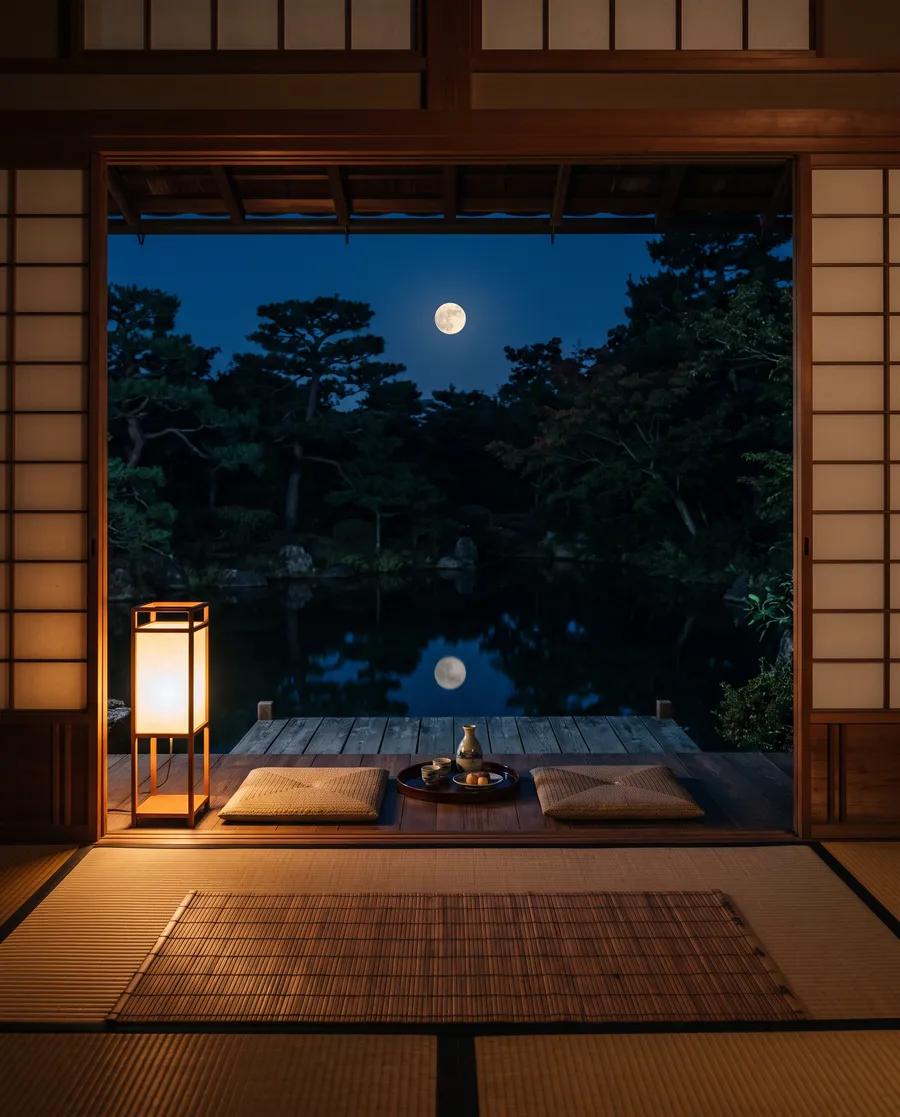 An upper room at night opening onto a moon-viewing deck over the pond